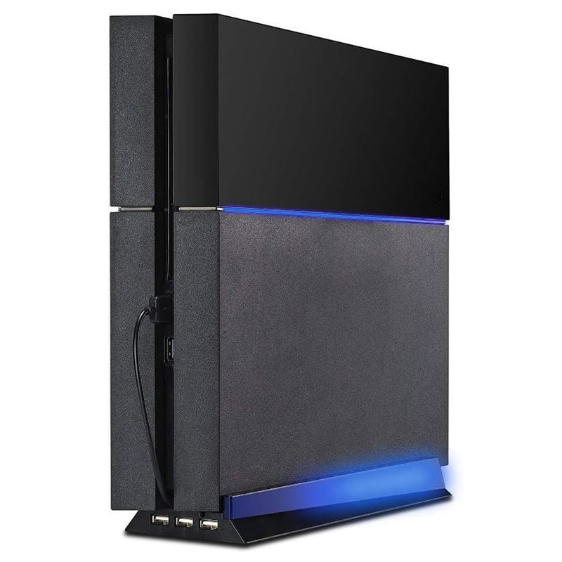 KlsyChry Stand with HUB & Blue Light for PS4, Blue Led Light Vertical Stand Base with 3 USB HUB Port for Sony PlayStation 4 PS4 Console (Black) - Image 1